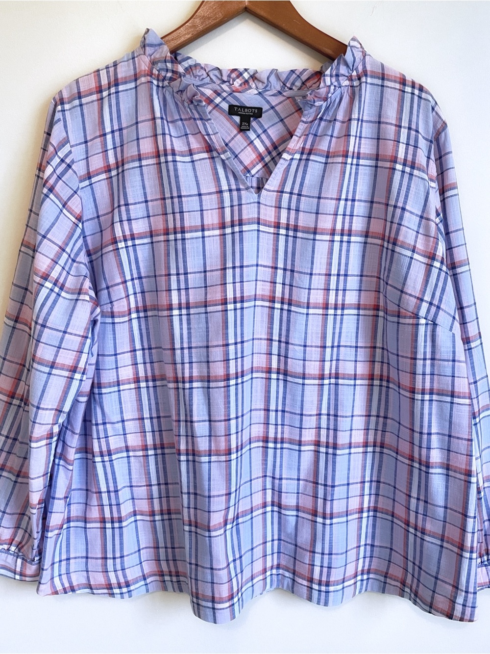 Talbots Lavender and Pink Plaid Ruffle-Neck Blouse